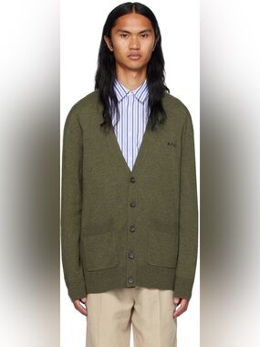 APC Men Cardigan Sweater Theo 100% Virgin Wool Green L EUC Luxury Old Money Soft